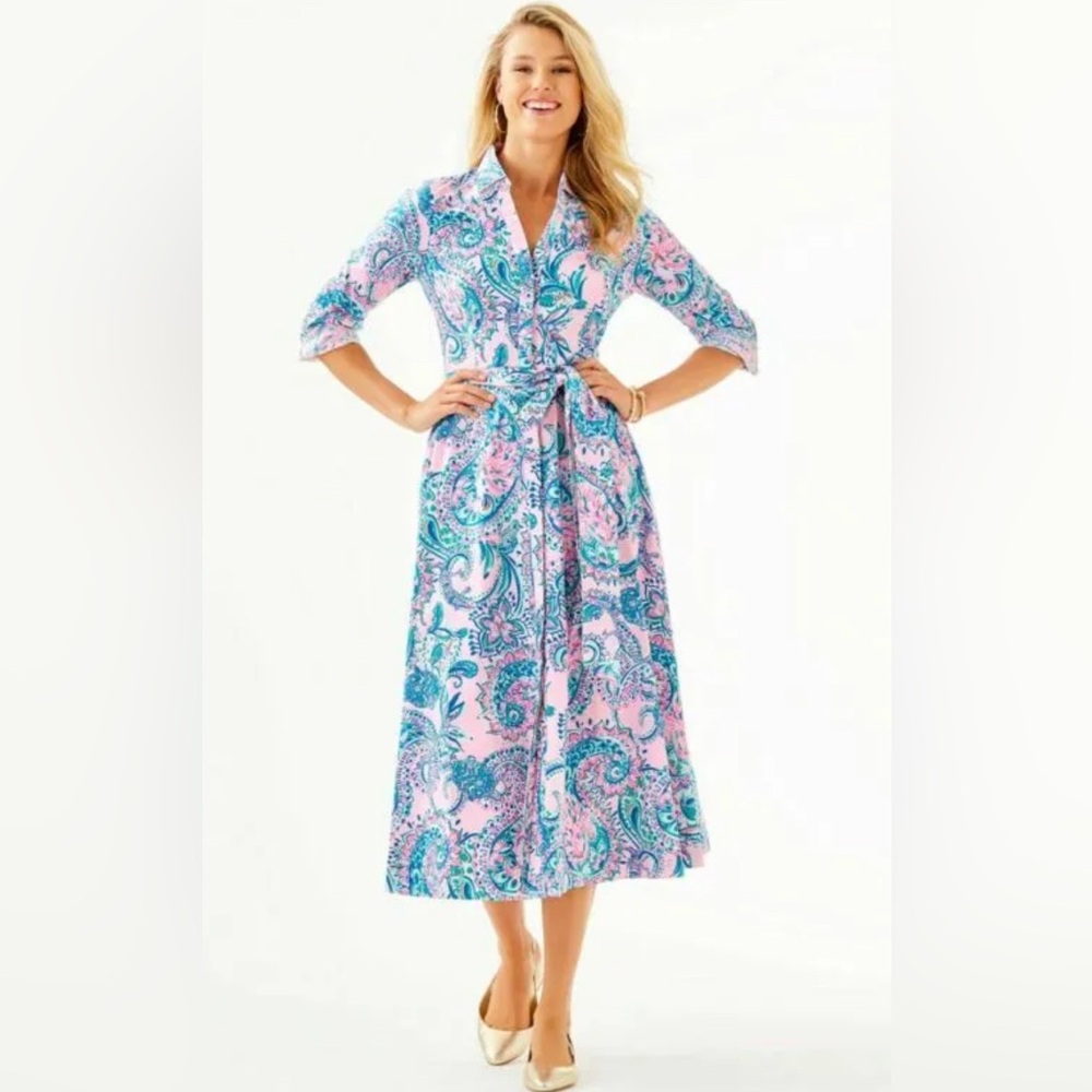 Lilly Pulitzer Pink & Teal Paisley Midi Wrap Dress